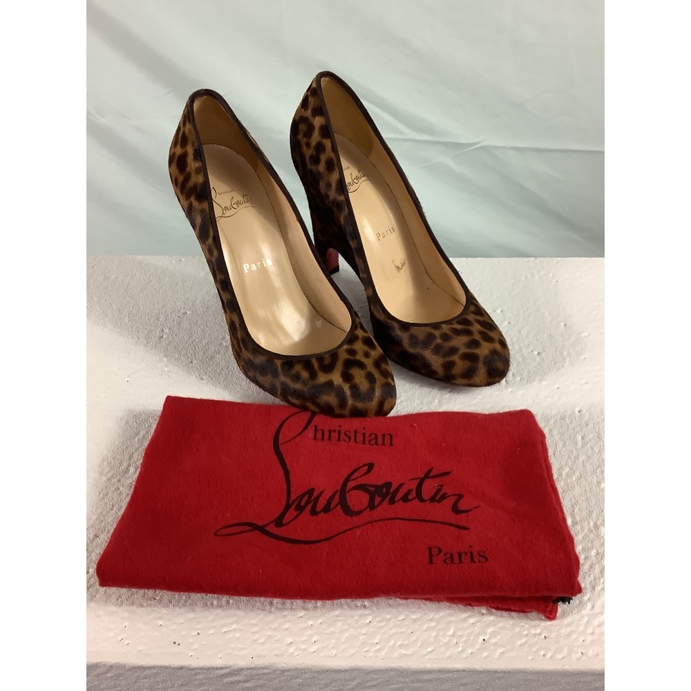 Christian Louboutin Leopard Pony Hair Wedge Pumps Red Sole Size 38.5 Italy